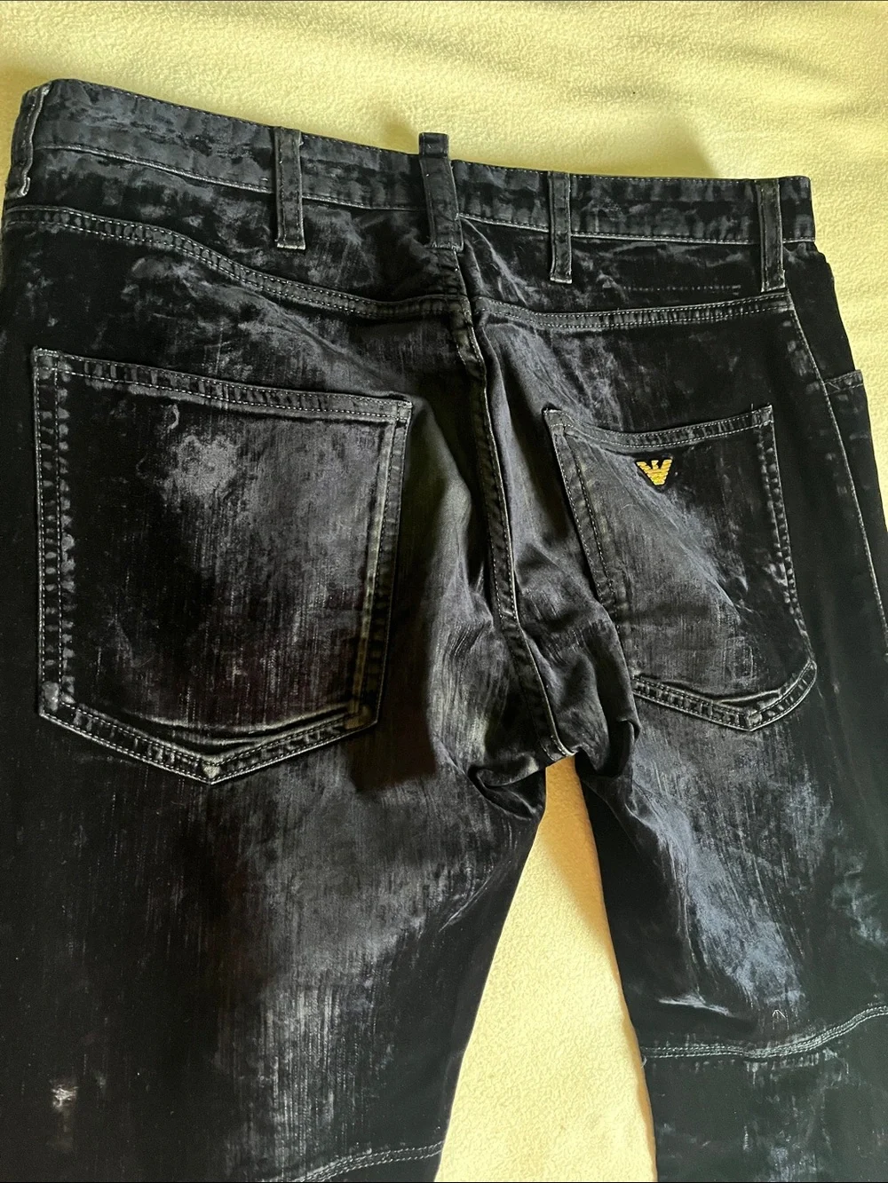 Emporio Armani Black Navy crushed velvet finish Jeans.